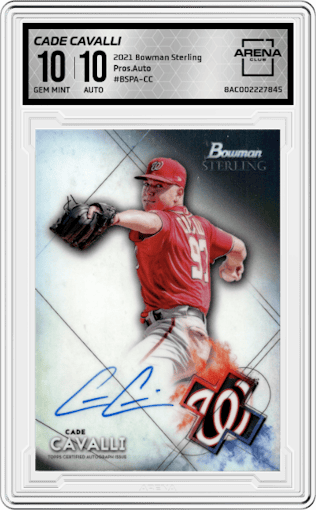 Cade Cavalli from the 2021 Bowman Sterling  set graded by Arena Club and given an overall grade of 10.