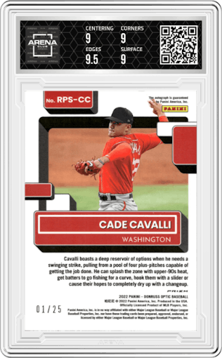 Cade Cavalli from the 2022 Donruss Optic set featuring a Blue Mojo  parallel graded by Arena Club and given an overall grade of 9.
