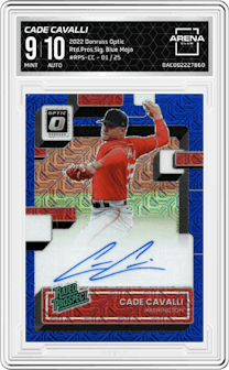 Cade Cavalli from the 2022 Donruss Optic set featuring a Blue Mojo  parallel graded by Arena Club and given an overall grade of 9.