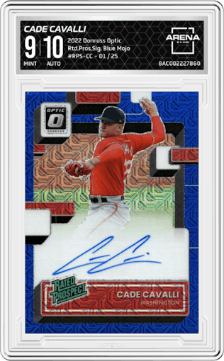 Cade Cavalli from the 2022 Donruss Optic set featuring a Blue Mojo  parallel graded by Arena Club and given an overall grade of 9.