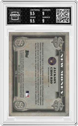 Jackson Chourio from the 2023 Bowman Platinum set graded by Arena Club and given an overall grade of 9.5.