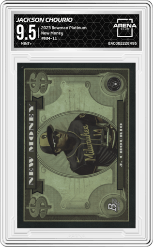 Jackson Chourio from the 2023 Bowman Platinum set graded by Arena Club and given an overall grade of 9.5.