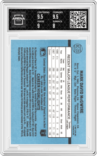 Mark McGwire from the 1988 Donruss set graded by Arena Club and given an overall grade of 8.5.