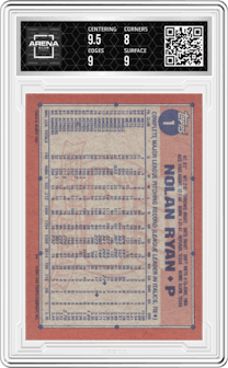 Nolan Ryan from the 1991 Topps set graded by Arena Club and given an overall grade of 8.5.