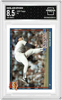 Nolan Ryan from the 1991 Topps set graded by Arena Club and given an overall grade of 8.5.