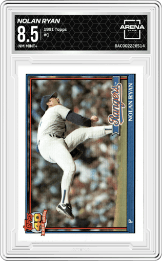 Nolan Ryan from the 1991 Topps set graded by Arena Club and given an overall grade of 8.5.