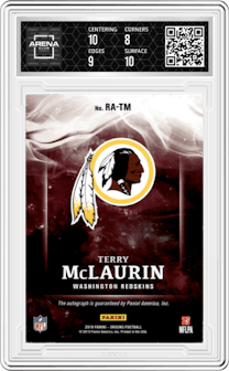 Terry McLaurin from the 2019 Panini Origins set featuring a Red parallel graded by Arena Club and given an overall grade of 8.5.