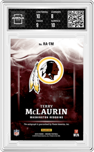 Terry McLaurin from the 2019 Panini Origins set featuring a Red parallel graded by Arena Club and given an overall grade of 8.5.