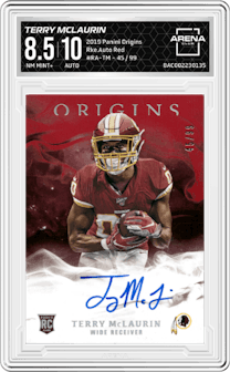 Terry McLaurin from the 2019 Panini Origins set featuring a Red parallel graded by Arena Club and given an overall grade of 8.5.