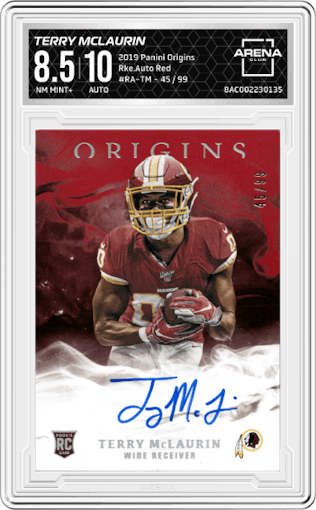 Terry McLaurin from the 2019 Panini Origins set featuring a Red parallel graded by Arena Club and given an overall grade of 8.5.