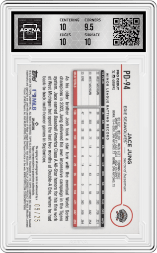Jace Jung from the 2024 Topps Pro Debut set featuring a Orange parallel graded by Arena Club and given an overall grade of 10.