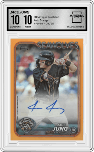 Jace Jung from the 2024 Topps Pro Debut set featuring a Orange parallel graded by Arena Club and given an overall grade of 10.
