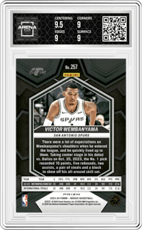 Victor Wembanyama from the 2023-24 Panini Mosaic set featuring a Green Mosaic parallel graded by Arena Club and given an overall grade of 9.