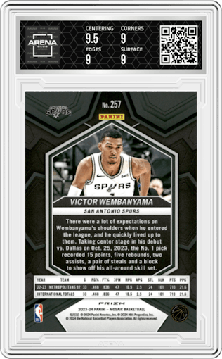 Victor Wembanyama from the 2023-24 Panini Mosaic set featuring a Green Mosaic parallel graded by Arena Club and given an overall grade of 9.