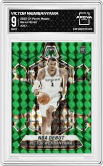 Victor Wembanyama from the 2023-24 Panini Mosaic set featuring a Green Mosaic parallel graded by Arena Club and given an overall grade of 9.