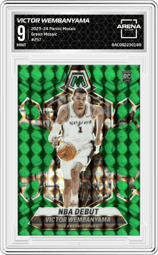 Victor Wembanyama from the 2023-24 Panini Mosaic set featuring a Green Mosaic parallel graded by Arena Club and given an overall grade of 9.