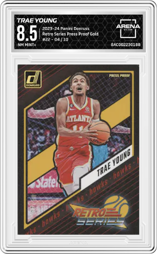 Trae Young from the 2023-24 Panini Donruss set featuring a Press Proof Gold parallel graded by Arena Club and given an overall grade of 8.5.