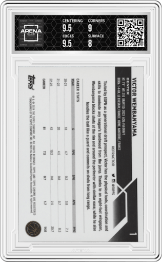 Victor Wembanyama from the 2023-24 Topps Chrome set featuring a Refractor parallel graded by Arena Club and given an overall grade of 8.5.