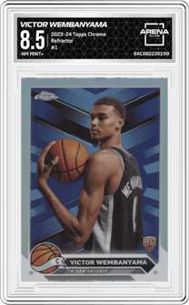 Victor Wembanyama from the 2023-24 Topps Chrome set featuring a Refractor parallel graded by Arena Club and given an overall grade of 8.5.