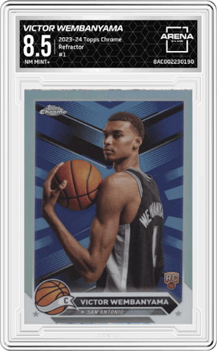 Victor Wembanyama from the 2023-24 Topps Chrome set featuring a Refractor parallel graded by Arena Club and given an overall grade of 8.5.
