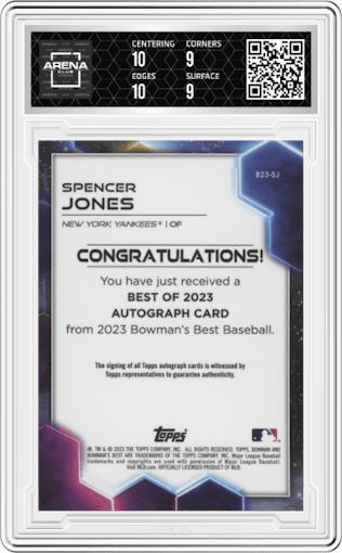 Spencer Jones from the 2023 Bowman's Best set featuring a Blue Refractor parallel graded by Arena Club and given an overall grade of 9.5.