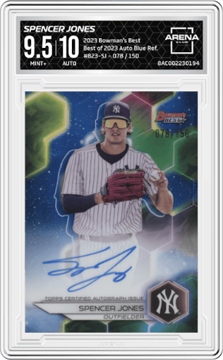 Spencer Jones from the 2023 Bowman's Best set featuring a Blue Refractor parallel graded by Arena Club and given an overall grade of 9.5.