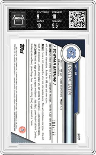 Drake Maye from the 2023 Bowman Chrome University set featuring a Blue Refractor parallel graded by Arena Club and given an overall grade of 9.5.