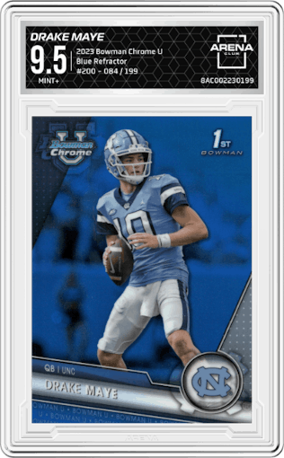 Drake Maye from the 2023 Bowman Chrome University set featuring a Blue Refractor parallel graded by Arena Club and given an overall grade of 9.5.