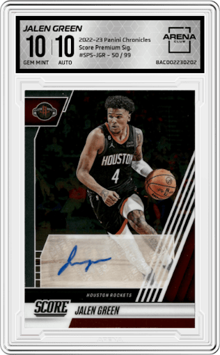 Jalen Green from the 2022-23 Panini Chronicles  set graded by Arena Club and given an overall grade of 10.