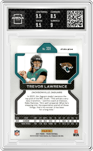 Trevor Lawrence from the 2021 Panini Prizm set featuring a Silver Prizm parallel graded by Arena Club and given an overall grade of 9.