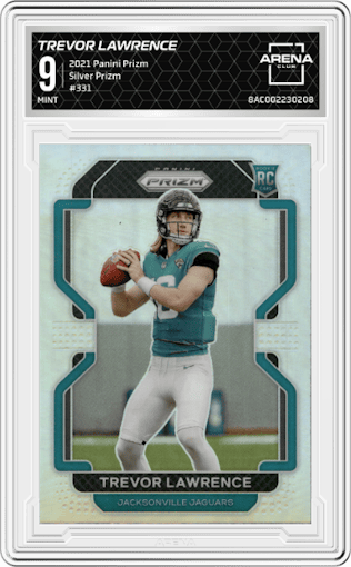 Trevor Lawrence from the 2021 Panini Prizm set featuring a Silver Prizm parallel graded by Arena Club and given an overall grade of 9.