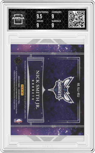 Nick Smith Jr. from the 2023-24 Panini Origins set featuring a Gold parallel graded by Arena Club and given an overall grade of 9.