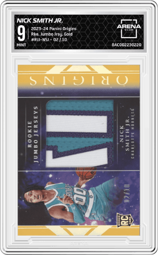 Nick Smith Jr. from the 2023-24 Panini Origins set featuring a Gold parallel graded by Arena Club and given an overall grade of 9.
