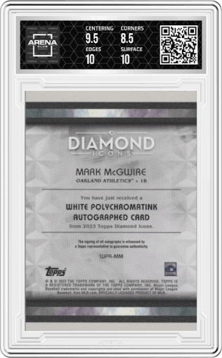 Mark McGwire from the 2023 Topps Diamond Icons set featuring a Purple Ink parallel graded by Arena Club and given an overall grade of 9.