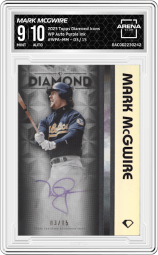 Mark McGwire from the 2023 Topps Diamond Icons set featuring a Purple Ink parallel graded by Arena Club and given an overall grade of 9.