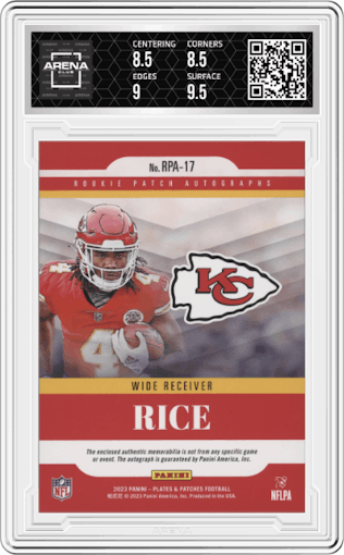 Rashee Rice from the 2023 Panini Plates & Patches set graded by Arena Club and given an overall grade of 9.