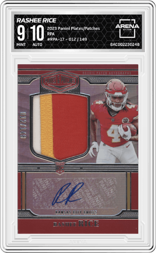 Rashee Rice from the 2023 Panini Plates & Patches set graded by Arena Club and given an overall grade of 9.