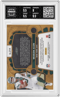 Braelon Allen from the 2024 Panini Gold Standard set featuring a Sapphire parallel graded by Arena Club and given an overall grade of 8.5.