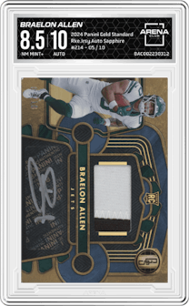 Braelon Allen from the 2024 Panini Gold Standard set featuring a Sapphire parallel graded by Arena Club and given an overall grade of 8.5.