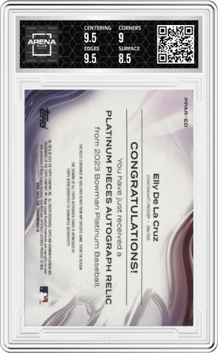 Elly De La Cruz from the 2023 Bowman Platinum set graded by Arena Club and given an overall grade of 9.