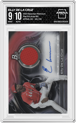 Elly De La Cruz from the 2023 Bowman Platinum set graded by Arena Club and given an overall grade of 9.