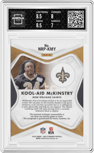 Kool-Aid McKinstry from the 2024 Panini Gold Standard set featuring a Holo Gold parallel graded by Arena Club and given an overall grade of 7.5.