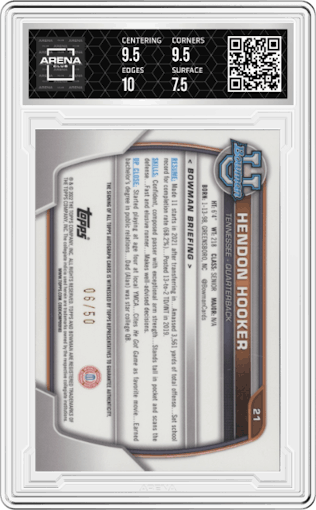 Hendon Hooker from the 2022 Bowman University Chrome set featuring a Gold Refractor parallel graded by Arena Club and given an overall grade of 8.