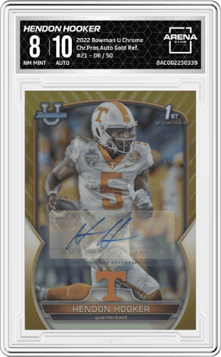 Hendon Hooker from the 2022 Bowman University Chrome set featuring a Gold Refractor parallel graded by Arena Club and given an overall grade of 8.