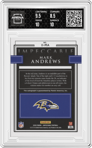 Mark Andrews from the 2020 Panini Impeccable set featuring a Silver parallel graded by Arena Club and given an overall grade of 9.