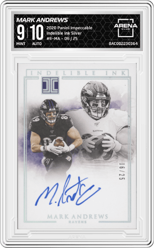 Mark Andrews from the 2020 Panini Impeccable set featuring a Silver parallel graded by Arena Club and given an overall grade of 9.