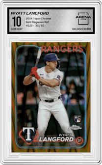 Wyatt Langford from the 2024 Topps Chrome set featuring a Gold Raywave Refractor parallel graded by Arena Club and given an overall grade of 10.