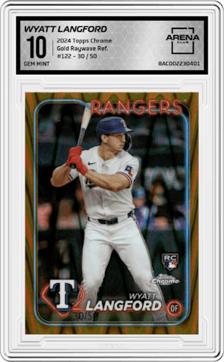 Wyatt Langford from the 2024 Topps Chrome set featuring a Gold Raywave Refractor parallel graded by Arena Club and given an overall grade of 10.