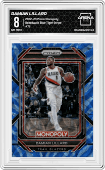 Damian Lillard from the 2022-23 Panini Prizm Monopoly set featuring a Boardwalk Blue Tiger Stripe parallel graded by Arena Club and given an overall grade of 8.
