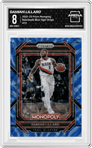 Damian Lillard from the 2022-23 Panini Prizm Monopoly set featuring a Boardwalk Blue Tiger Stripe parallel graded by Arena Club and given an overall grade of 8.